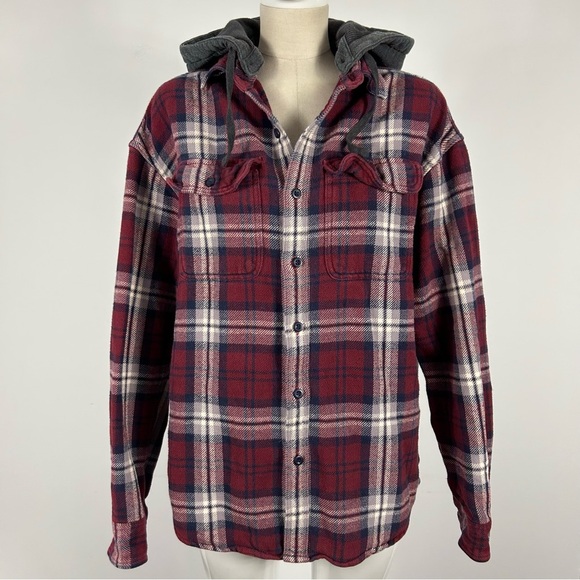 ❤️ American Eagle Outfitters Maroon Plaid Hooded Shirt Size M - Picture 1 of 11